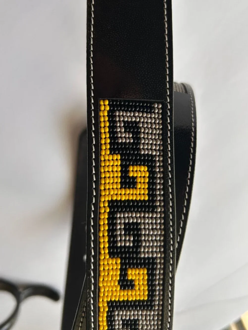 Black Beaded Belt Geometric Pattern Yellow Gray Unisex Faux Leather